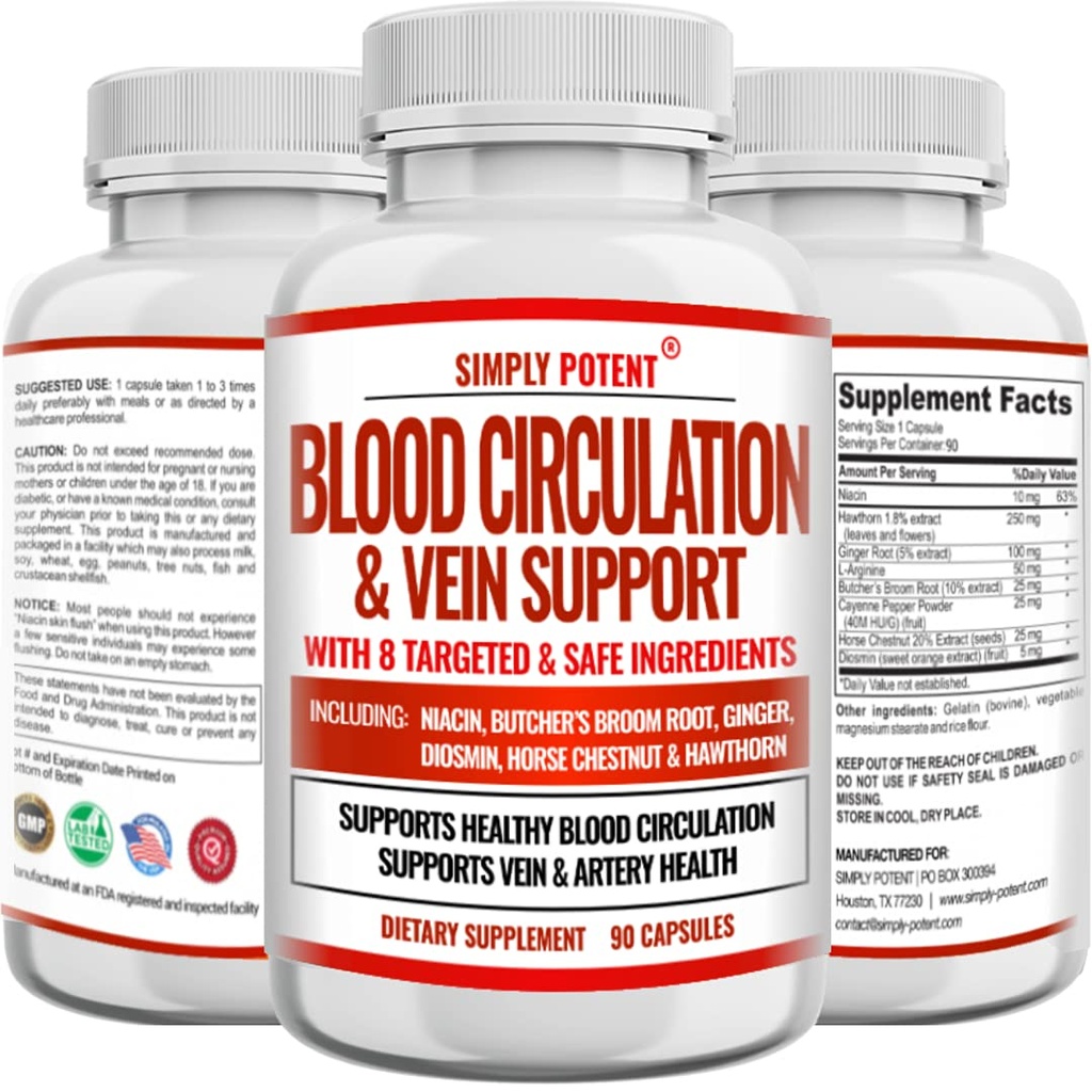 Sangue Circulação e Veína Suplemento de Suporte, 90 Caps, Ajuda com Aranha e Varicosas Veias, Apoia Vasos, Perna e Saúde Cardiovascular com Niacin, Ginger, Cayenne Pepper
