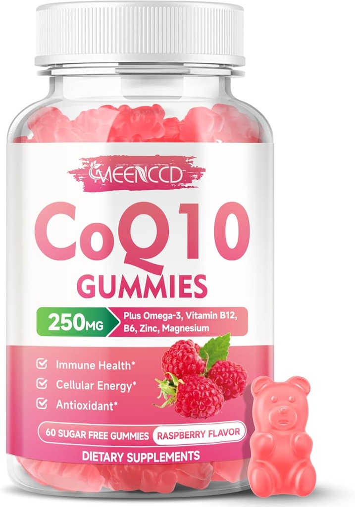 Açúcar-livre CoQ10 chicletes 250mg, Coenzyme Q10 Suplementos Plus Omega-3, Vitamina B6 & Zinco, alta absorção CoQ10 Suplemento para energia celular & suporte antioxidante, Framboesa sabor, Vegan 60Cts