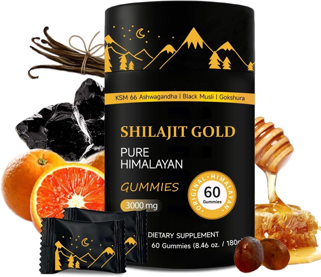 Gummies Shilajit Pure Himalayan Gummies Ouro Ashwagandha, Gokshura Ácido Fulvico & 85+ Raso Mineral para homens, Mulheres Não-GMO □ Laboratório testado □ Não adicionado açúcar I 60 Gummy