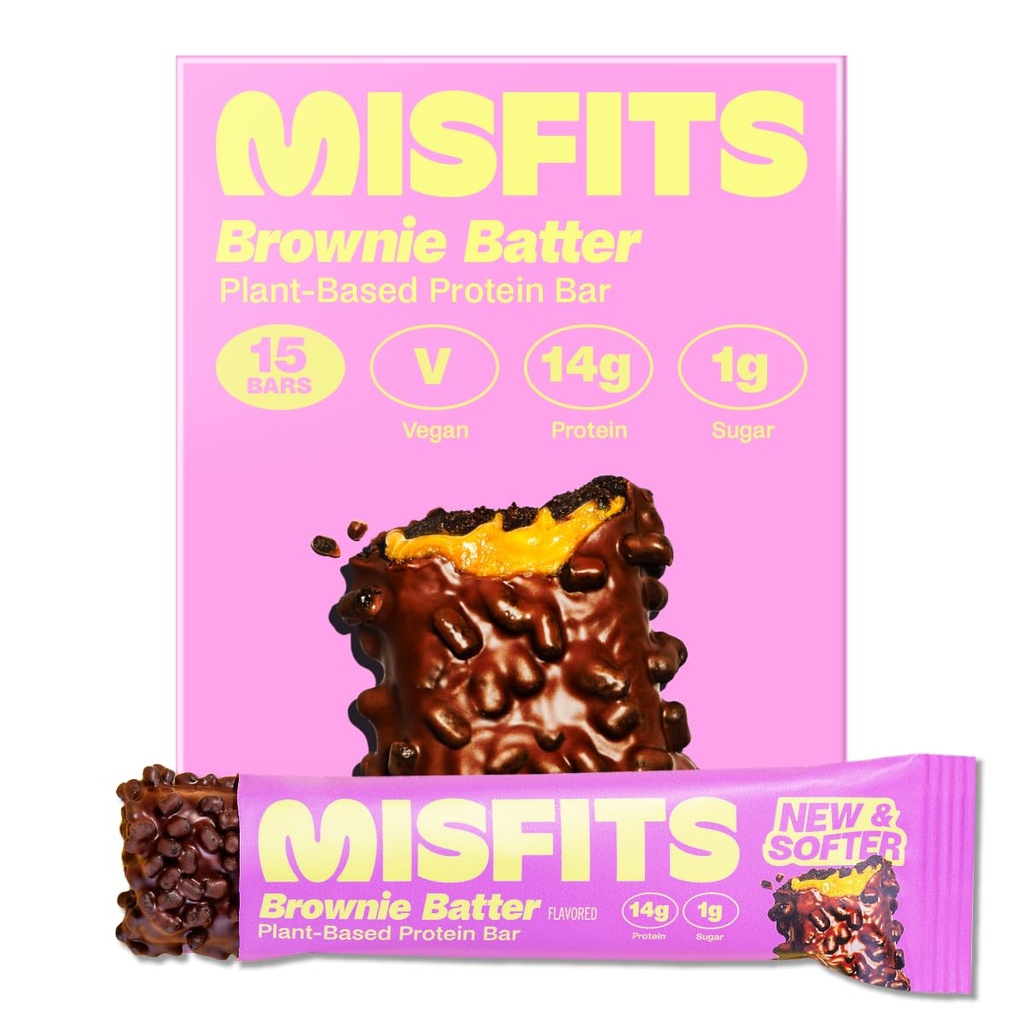 Misfits Vegan Protein Bars, Brownie Batter - Updated Recipe - Planta com base, Baixo açúcar e carboidratos, Snacks de alta fibra