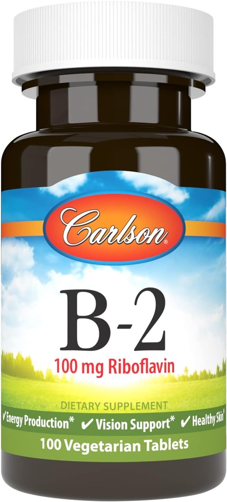 Carlson - B-2, 100 mg Riboflavina, Produção de Energia, Apoio à Visão e Pele Saudável, 100 Comprimidos Vegetarianos