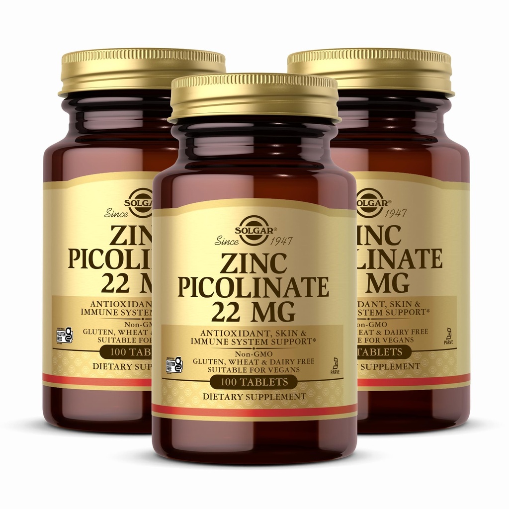 Solgar Picolinato de Zinco 22 mg, 100 comprimidos (Pacote de 3) - Promove a pele saudável - Suporta sistema imunológico, sabor normal e visão - Antioxidante - Não-GMO, Vegan, Gluten Free, Kosher - 300 Total Servings