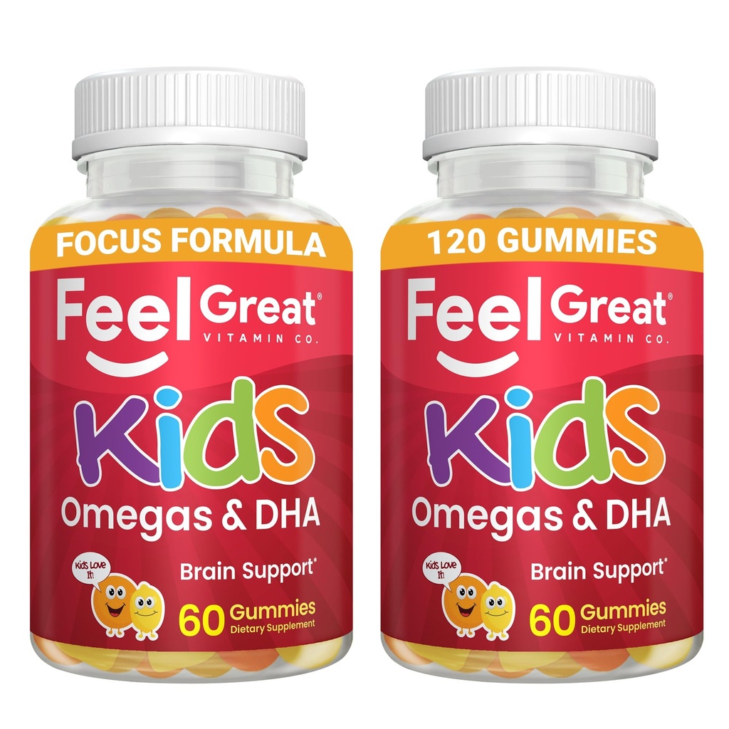Sentir grandes vitaminas crianças pastilhas DHA com Omega 3 6 9, vitamina C (2-Pack) Suporta função do cérebro saudável, visão e saúde do coração, sem glúten, vegetariano, 60 pastilhas