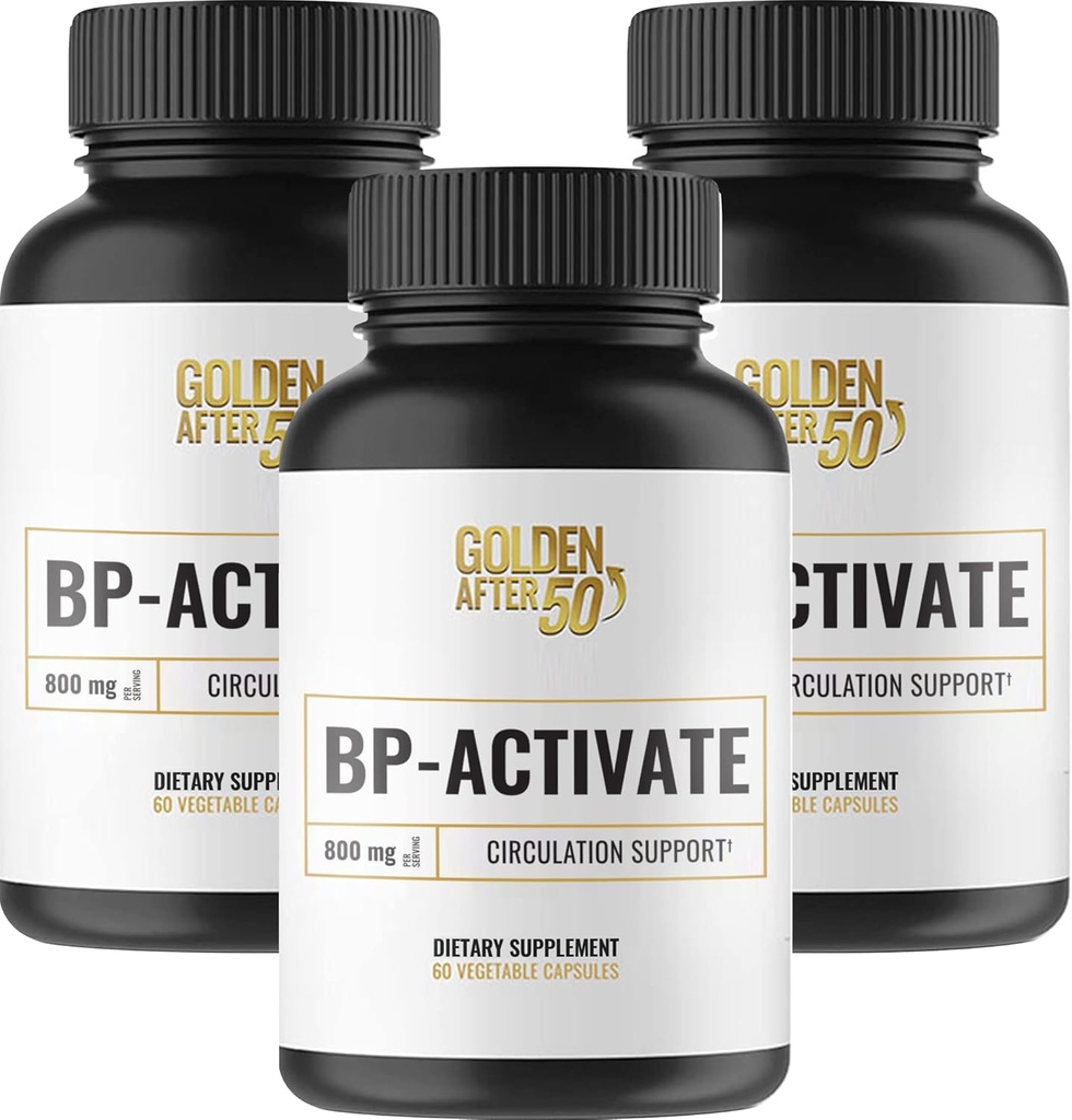 Golden After 50 BP-Activate - Suplemento de óxido nítrico com Aminoácidos Essenciais - Circulação de Sangue e Suplemento de Apoio à Saúde do Coração - 3 Garrafas - 800mg L Arginina, AAKG, L Citrulina