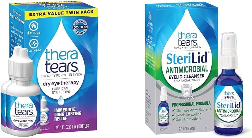 TheraTears Dry Eye Therapy Lubricating Eye Drops for Dry Eye Eye, 1 fl oz Bottle Twin Pack & SteriLid Eyelid Cleanser and Face Wash, for Irritated Eyes, 2 fl oz Spray