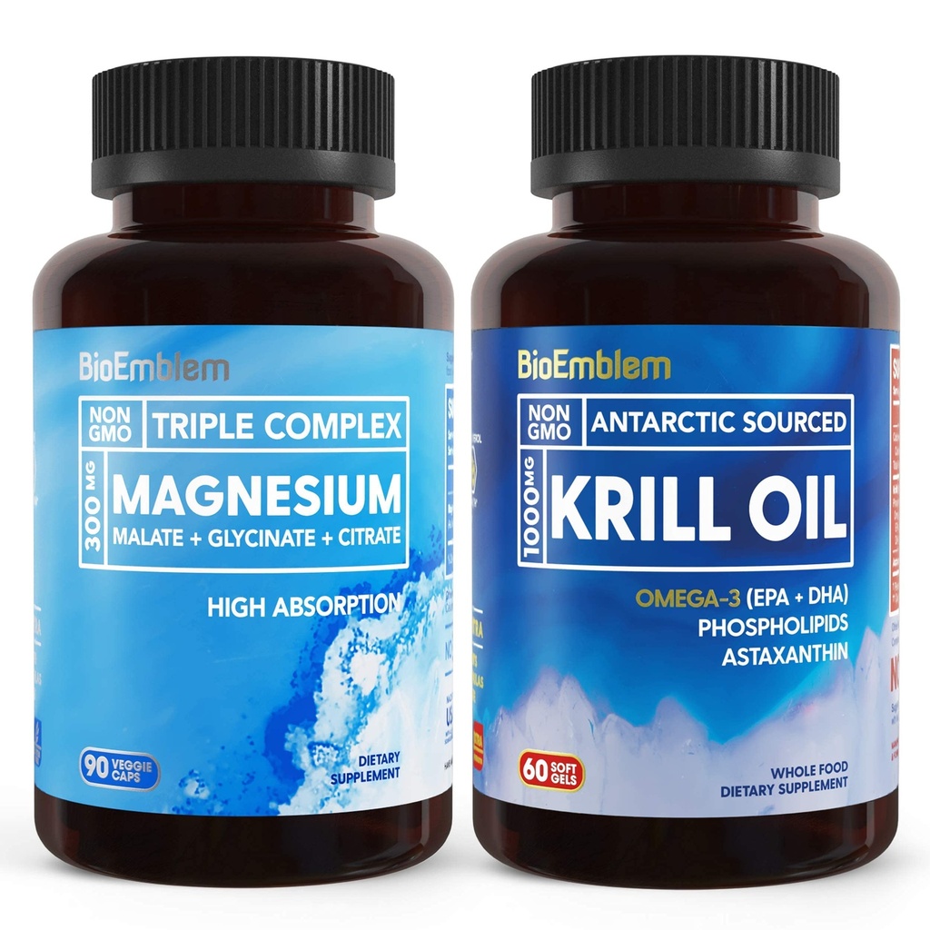 BioEmblem Complexo de Magnésio Triplo e Óleo de Krill Antártico, Apoia o Sono e Saúde do Cérebro, Saúde do Coração e Conjunta, Promove Saúde Cardiovascular e Apoia o Relaxamento
