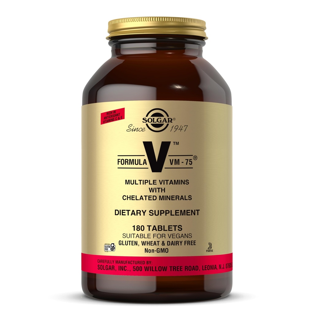 Solgar Fórmula VM-75, 180 Comprimidos - Multivitamina com Minerais Quelados - Vitamina A, B6, B12, C, D, E - Biotina, Magnésio, Cálcio, Ferro, Zinco - Vegan, Glúten Livre, Leite Livre, Kosher - 180 Servões