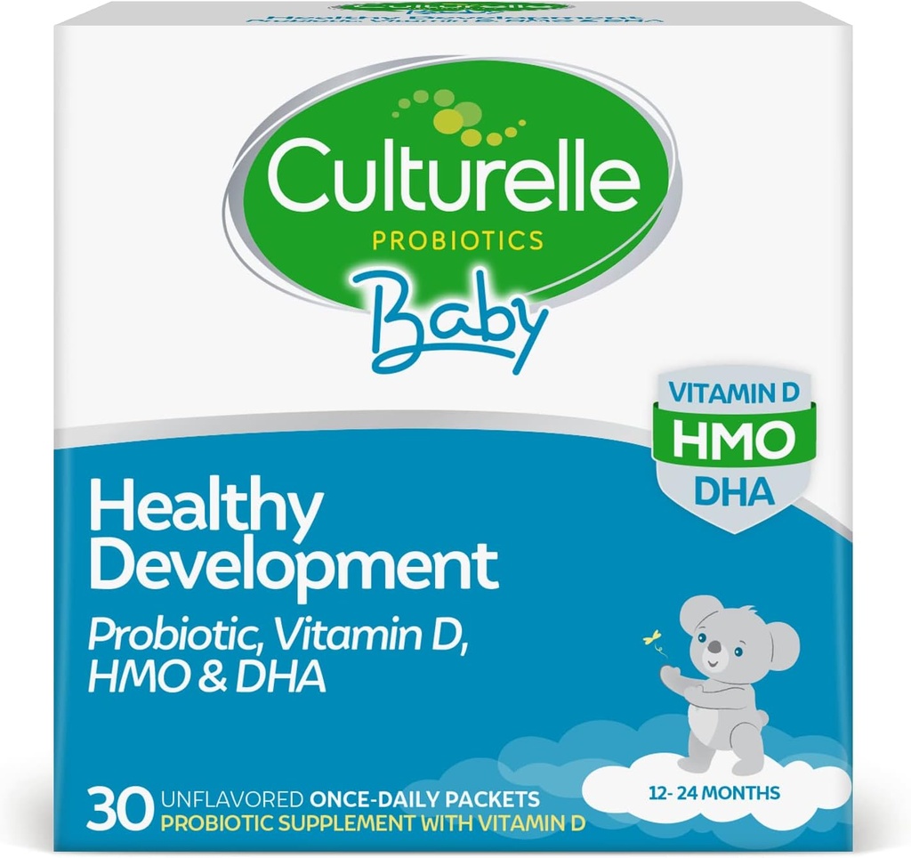 Culturelle Baby Healthy Development Probiótico, Pacotes de Vitamina D, HMO e DHA, Ajuda a promover um sistema imunológico saudável e digestivo* em bebês e crianças Idades 1+, Gluten Free & Non-GMO, 30 Count (Pack of 1)