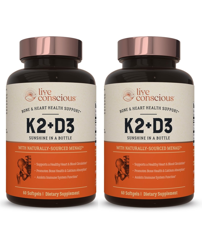 Vitamina vivo consciente K2 MK7 com suplemento D3 □ Apoio à saúde óssea e cardíaca - Vitamina patenteada K & Vitamina D3 5000 UI (2-Pack)
