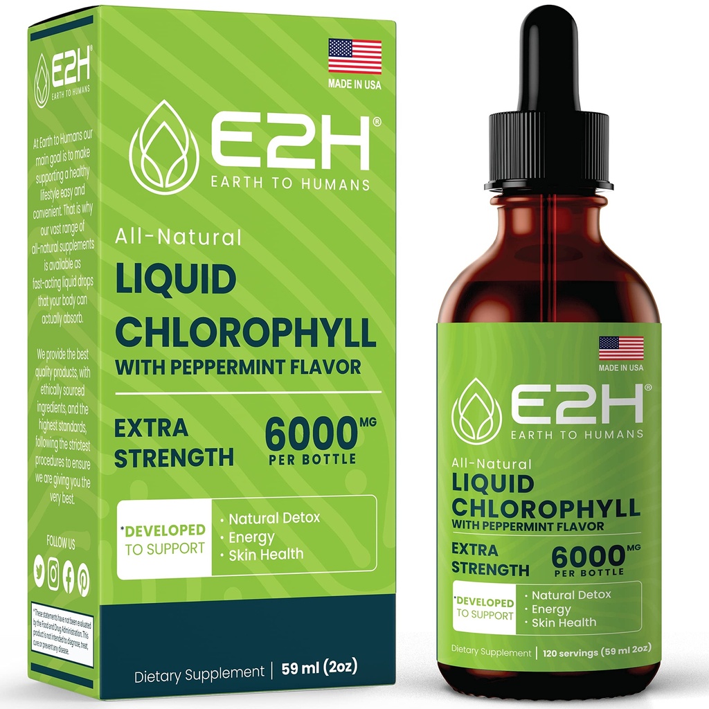 E2H gotas líquidas de clorofila - impulsionador de energia natural, suporte do sistema imunológico e desodorante interno - sabor de hortelã - 2 Fl Oz