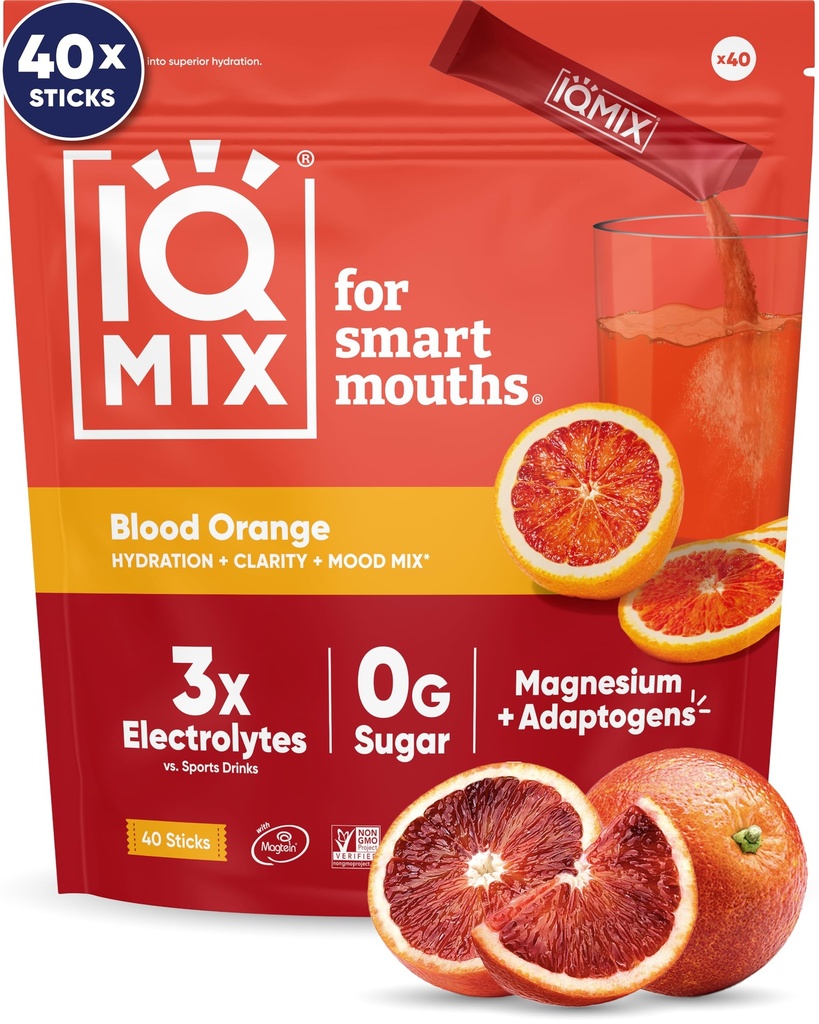 IQMIX Hydration Electrolyte Powder – Fórmula 4-em-1 para hidratação, clareza mental, humor e recuperação – Mistura de bebida sem açúcar, Keto, Magnésio L-treonato, Mane Leão – 40 Contar sangue laranja