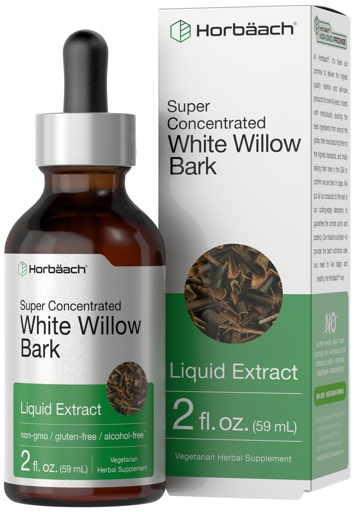 Horbäach White Willow Bark Extract Tintura 2 Fl oz Suplemento Líquido Alcoólico Livre Super Concentrado Vegetariano, Não-GMO, Gluten Free
