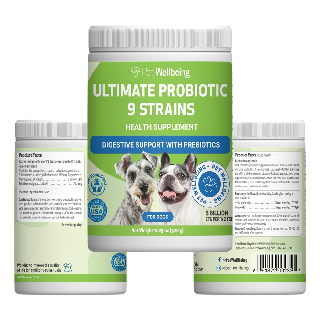 Bem-estar do animal de estimação Ultimate Probiotic 9 Strains para cães e gatos - Suporta o microbioma gut e digestion, cuidados do sistema imunológico, saúde do trato urinário, FOS, 2,5 bilhões UFC - 11.29 oz (320 g) Pó