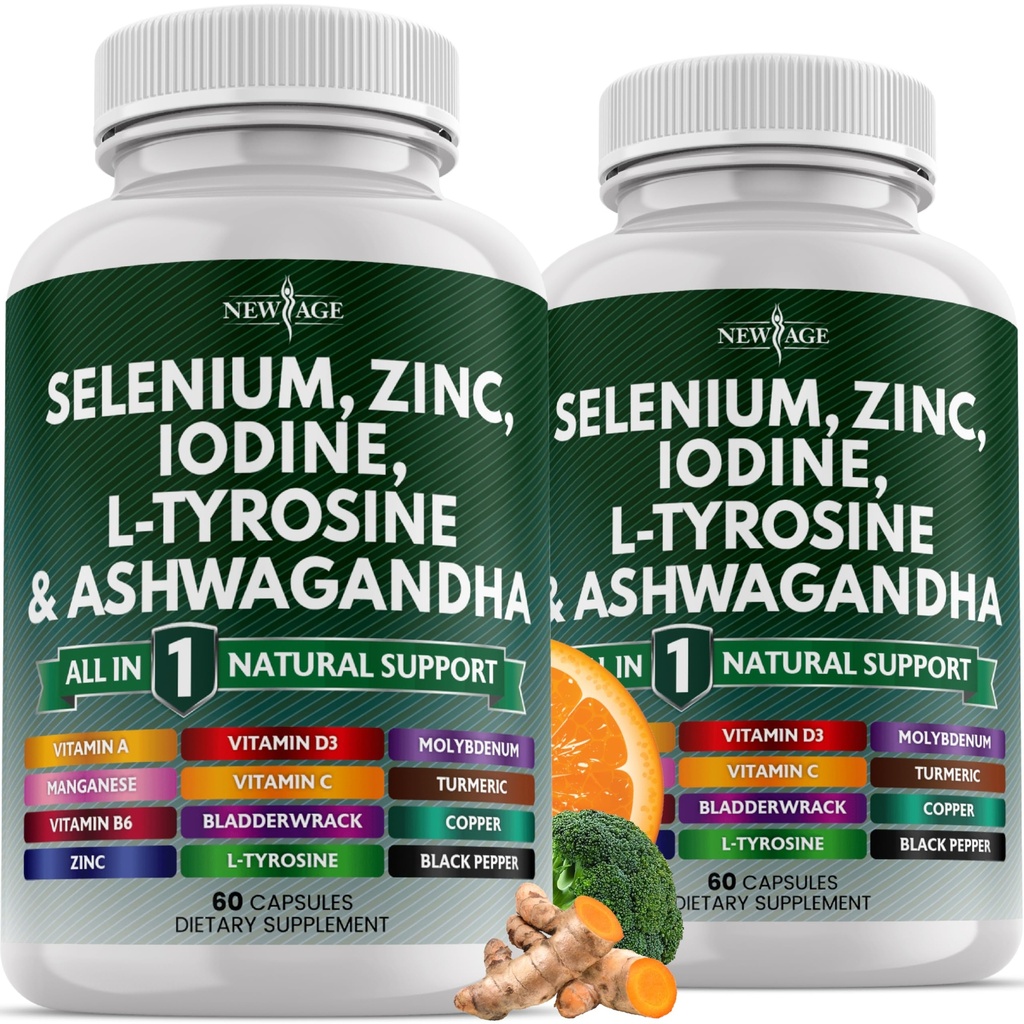 NOVA IDADE Selênio, Zinco, Iodo, L Tirosina, Ashwagandha - Suplemento para Mulheres e Homens com Bladderwrack, Açafrão, Sílica Kelp, Schisandra - 120 Conde