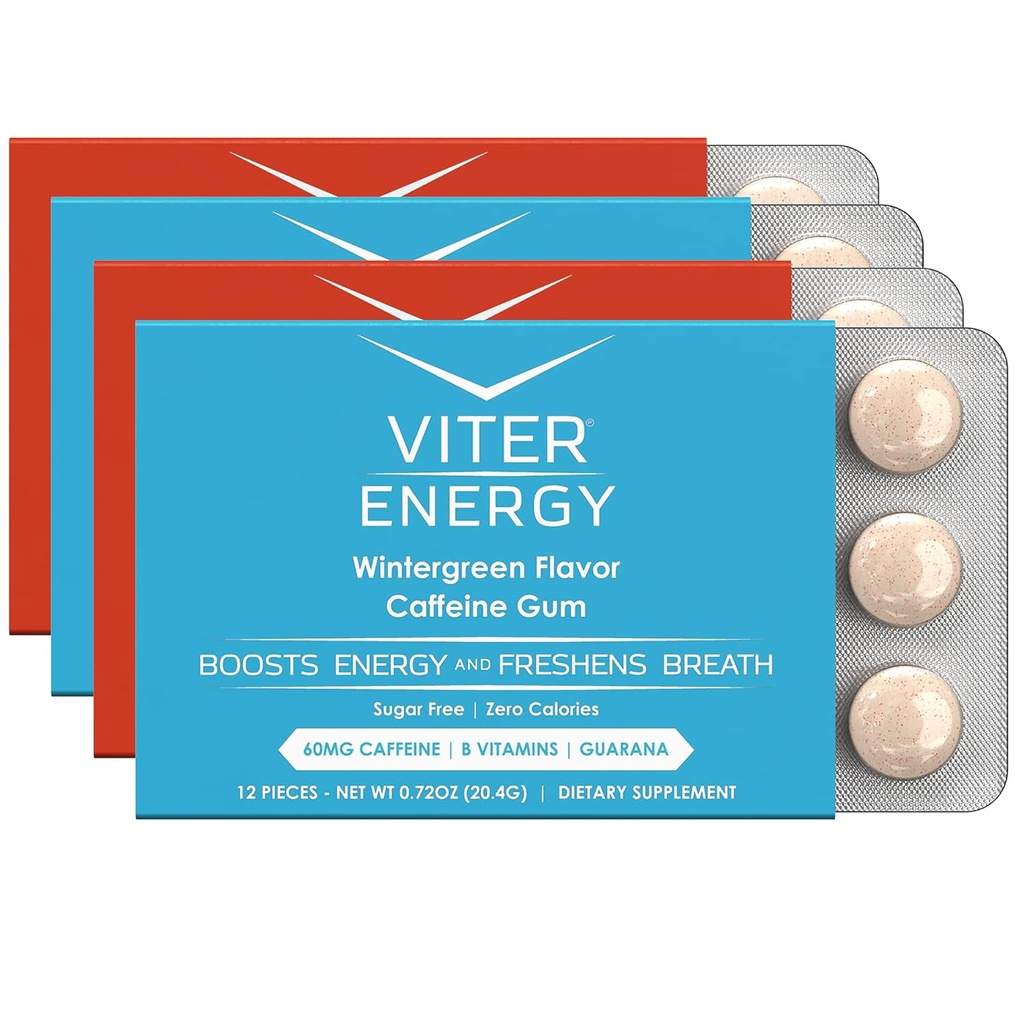 Viter Energia Gum cafeína 60mg Cafeína, B Vitaminas, Guaraná, Açúcar Livre. (Variedade, 12pcs, 4 Pack)
