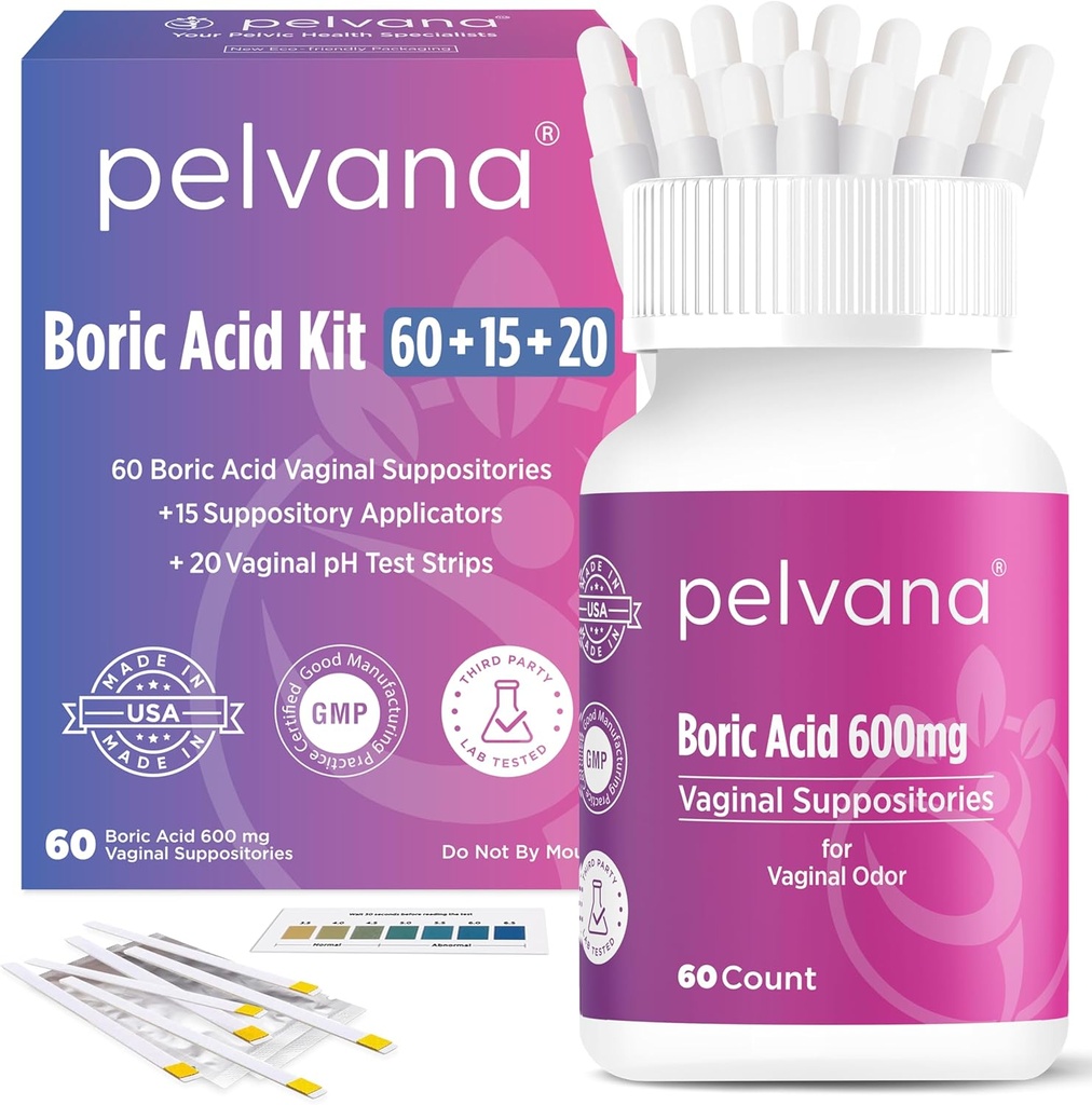 Supositórios de ácido bórico de Pelvana para mulheres 60 + 15 aplicadores + 20 tiras de teste de pH = 95 Kit de peça para Odor vaginal - Laboratório de terceira parte testado e feito nos EUA