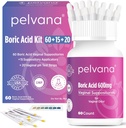Supositórios de ácido bórico de Pelvana para mulheres 60 + 15 aplicadores + 20 tiras de teste de pH = 95 Kit de peça para Odor vaginal - Laboratório de terceira parte testado e feito nos EUA
