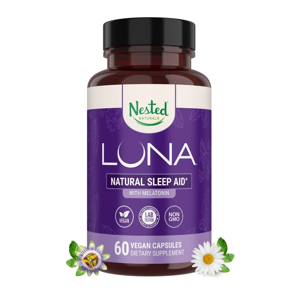 Aninhado Naturals Luna Sleep Aid - Não-Habit formando pílulas naturais para dormir para adultos com ingredientes de origem natural - Raiz Valeriana, Melatonina, Camomila, Limão Balm, e Mais - 60 Cápsulas Vegan