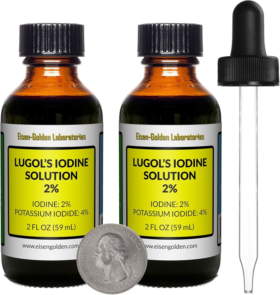 Solução de Iodo de Lugol / 2% / 4 Oz em duas garrafas de vidro âmbar / Droppers grátis / EUA