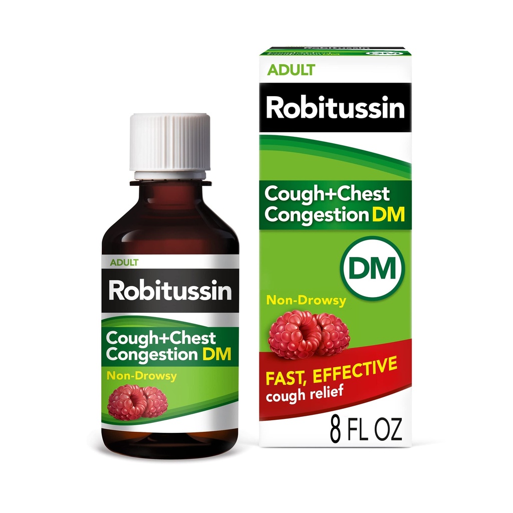 Robitussin Tosse e Congestão de tórax DM, Supressor de Tosse e Expectorant, Framboesa sabor - 8 Fl Oz Garrafa