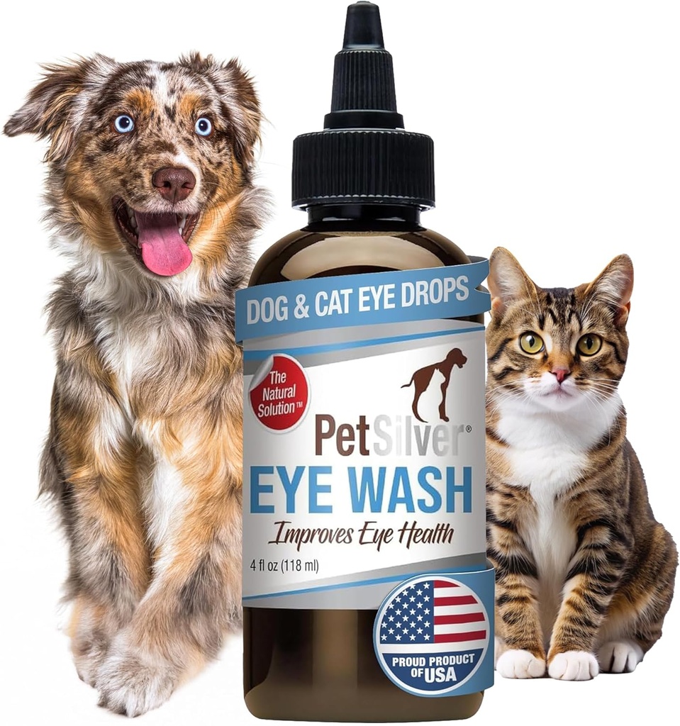PetSilver Eye Drops para cães e gatos - Natural Dog Eye Wash - Alivio para Inflamação e Irritação - Limpador de Olhos de Animais de estimação e removedor de manchas de lágrimas - Fórmula de Prata patenteada - Made in the USA - 4 fl oz