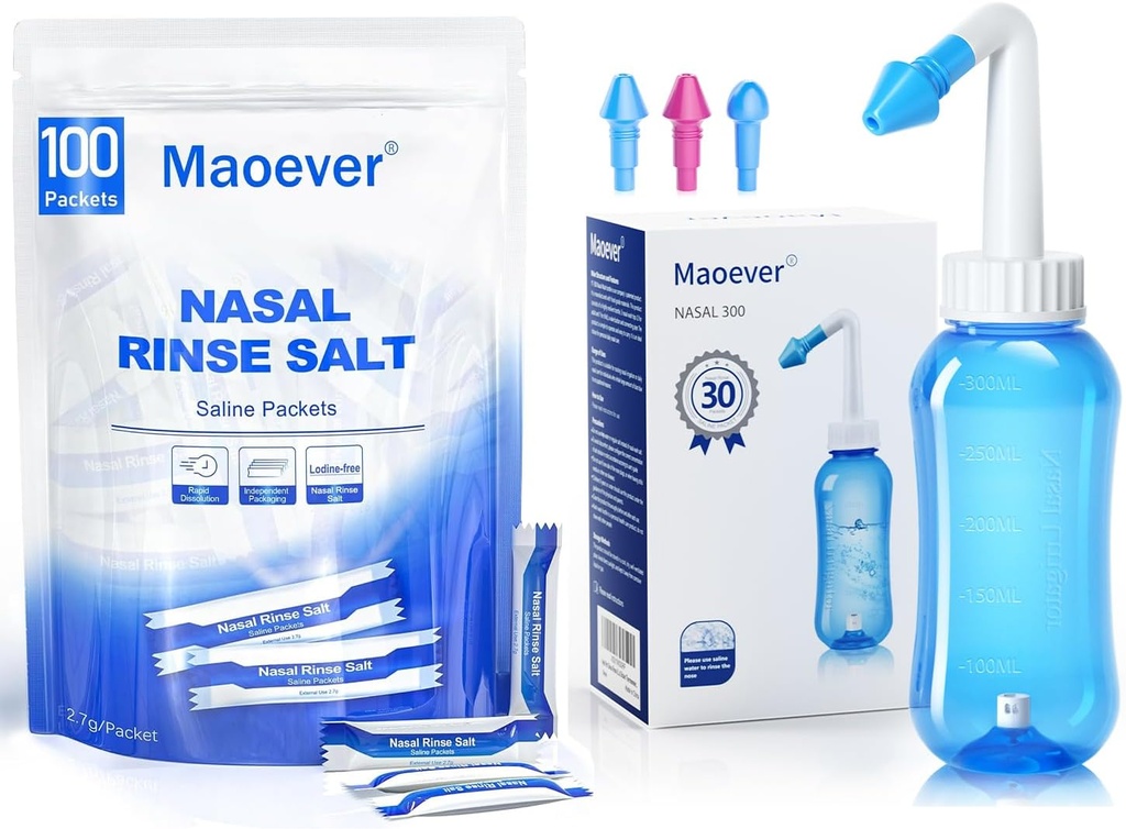 MAOEVER Neti Pot com 130 pacotes de sal de lavagem nasal Sinus Lave o nariz da garrafa Lavar o nariz Lavar a pressão Lavar a irrigação nasal para Adulto & Kid BPA Free 300 ML Sticker Termômetro
