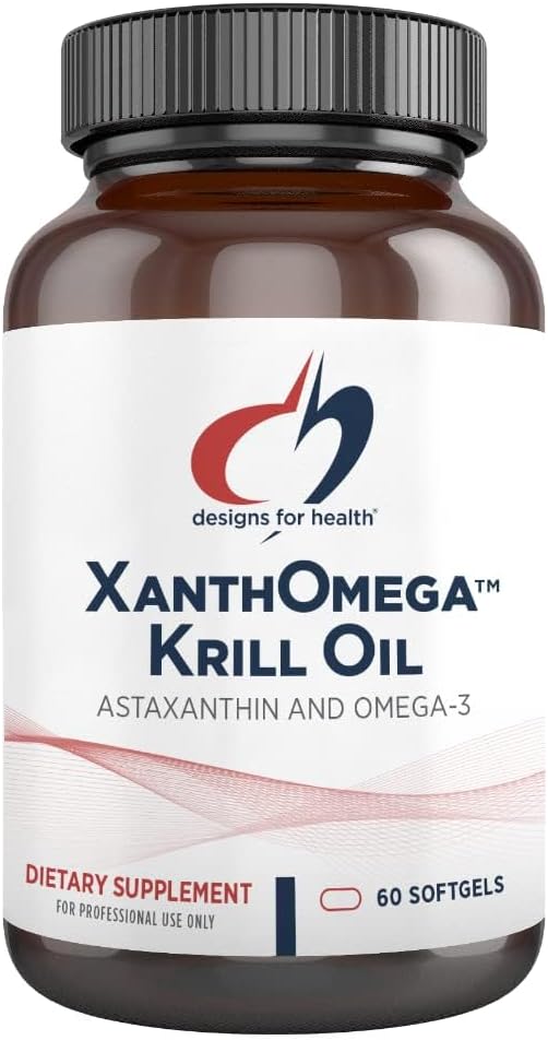 Designs para a saúde XanthOmega - Krill Oil com 12mg Astaxantina - Antioxidante, Fosfolipídios + EPA/DHA Omega 3 - Cardiovascular, Pele + Suplemento de Saúde Ocular (120 Softgels)