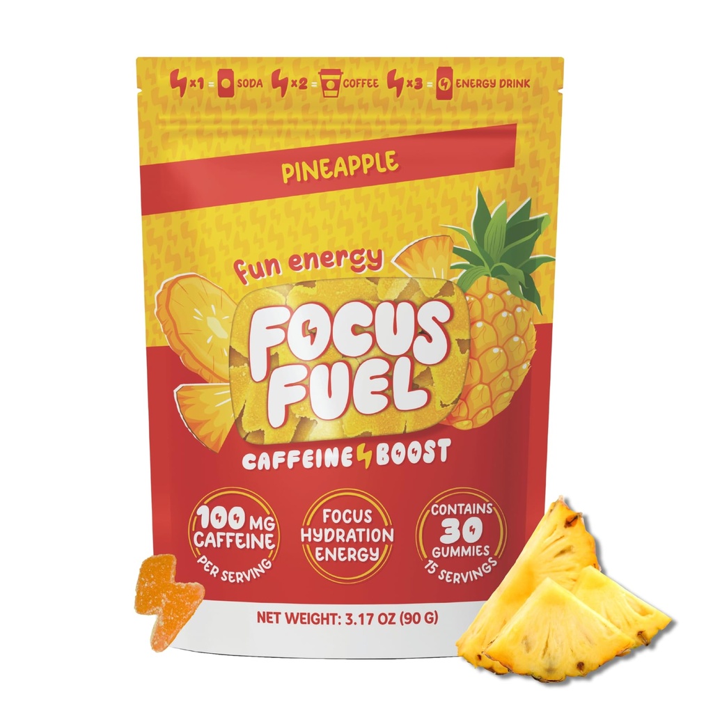 FocusFuel Energy Chews – Pineapple Flavor (15 Servings) – 100mg Cafeína + Alpha GPC + L-Theanina + B12, Magnésio – Energia Tropical Boost – Sem Acidente ou Jitters