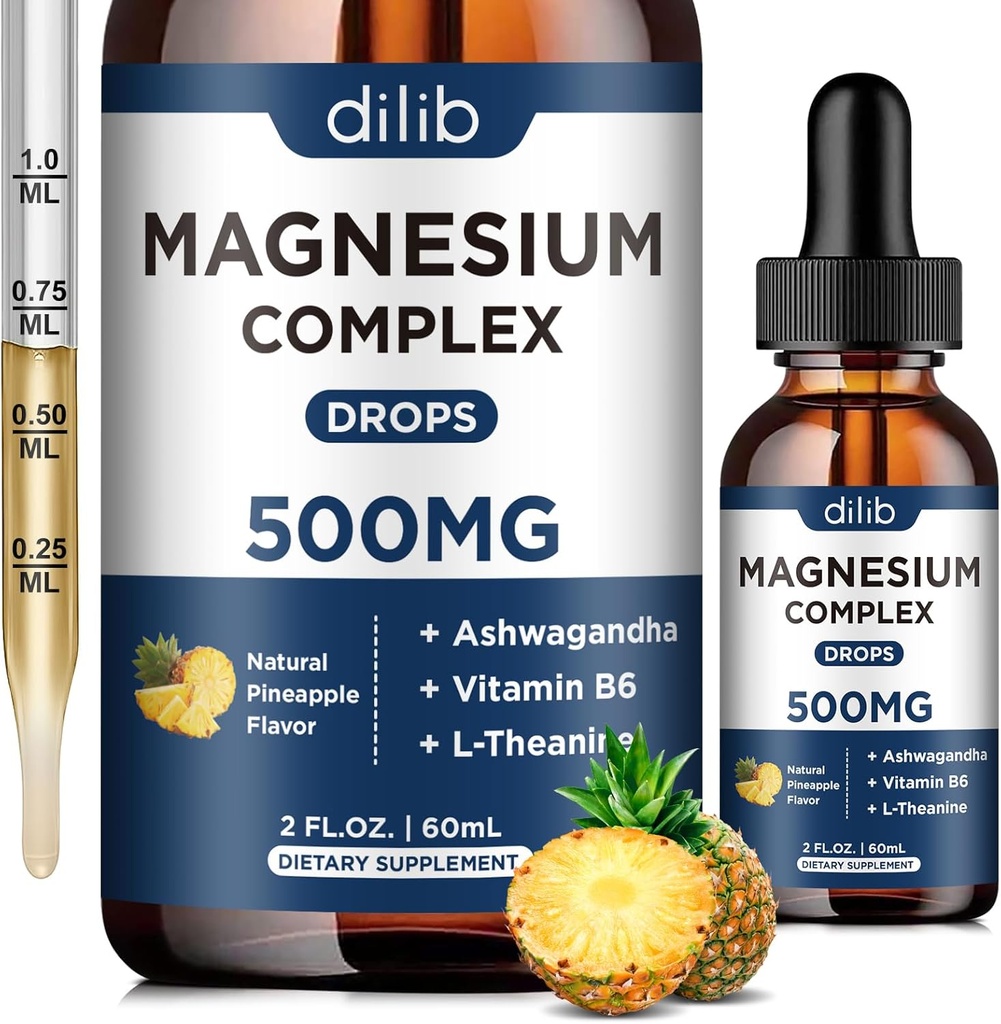 Triplo Magnésio Complexo Suplemento-Glicinato de Magnésio, Citrato, Malato Liquid Drops 500mg com Ashwagandha, L-Teanina, Vitamina B6 para acalmar, alívio de estresse, sono, apoio muscular-Pineapple Flavor