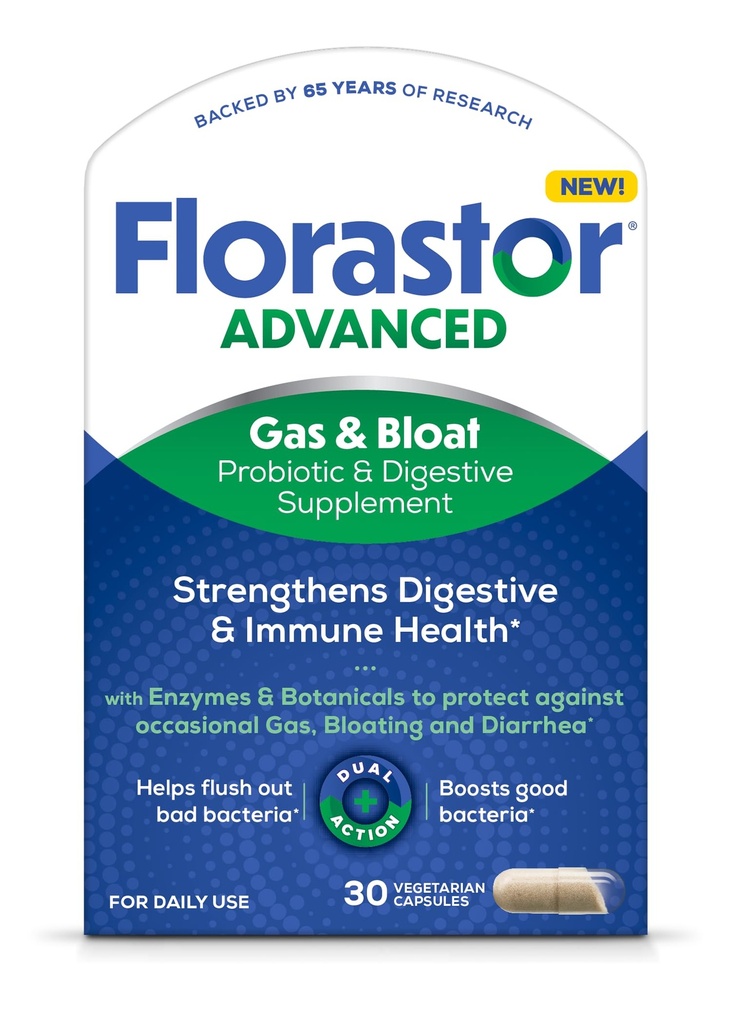 Florastor Gás avançado e Bloat Probiótico, Enzimas Digestivas e Botânicas, Além de Probióticos para Saúde Digestiva, 30 Cápsulas