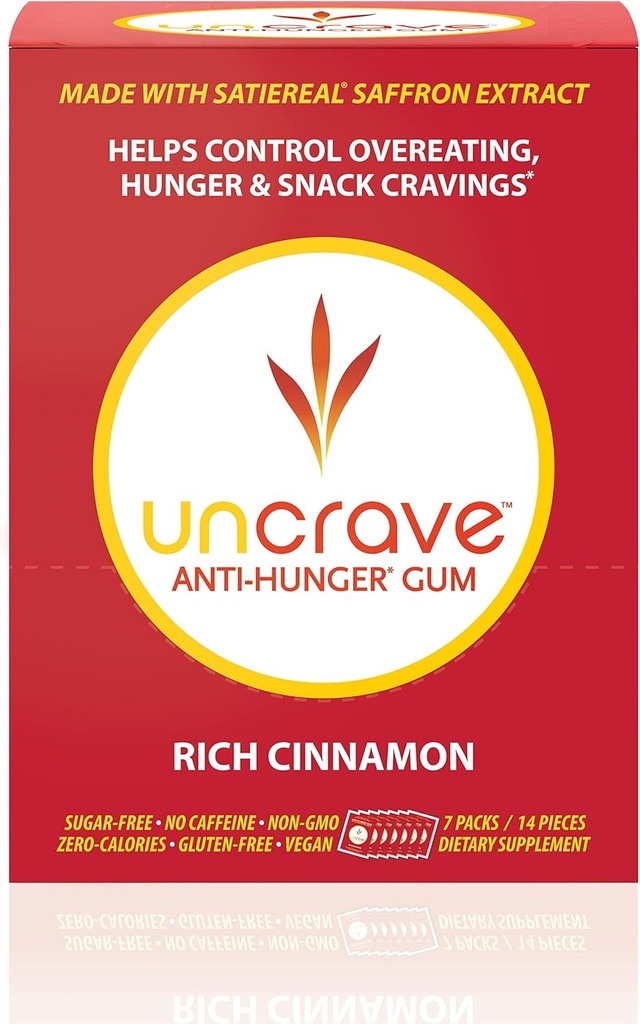 Uncrave Gum - Infundido com extrato de açafrão 100% puro - desejos de controle - melhorar o humor - saúde visão - rico canela (14 peças)