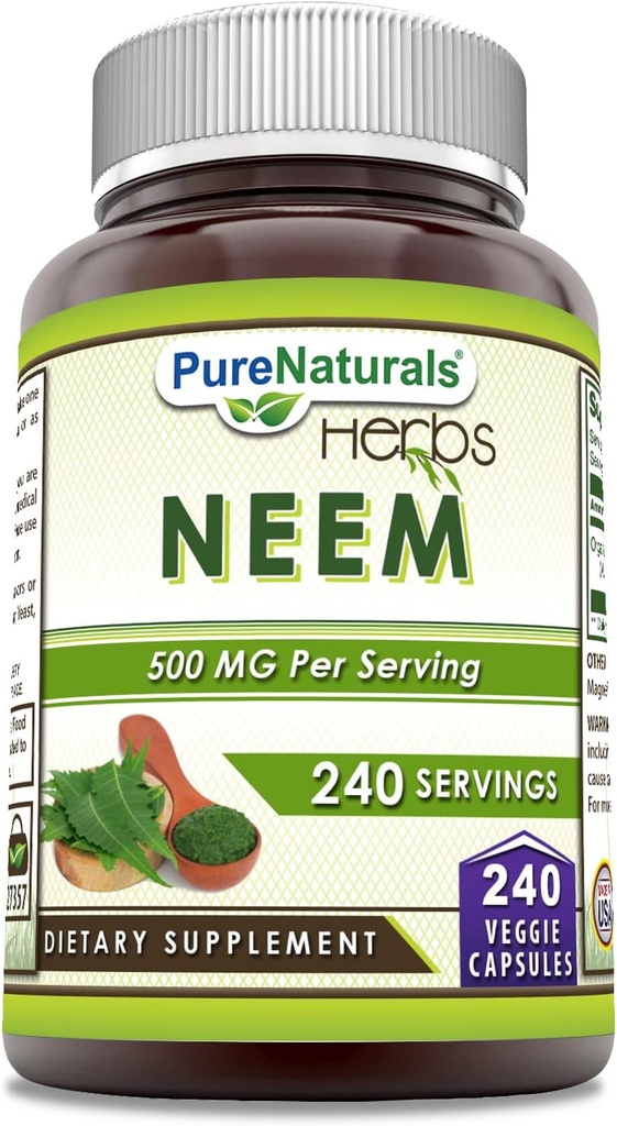 Puro Naturals Neem (Made with Natural Neem Leaf) 500 Mg por serviço 240 Veggie Cápsulas Suplemento Não-GMO Gluten Free □ Made in USA Ideal para Vegetarianos
