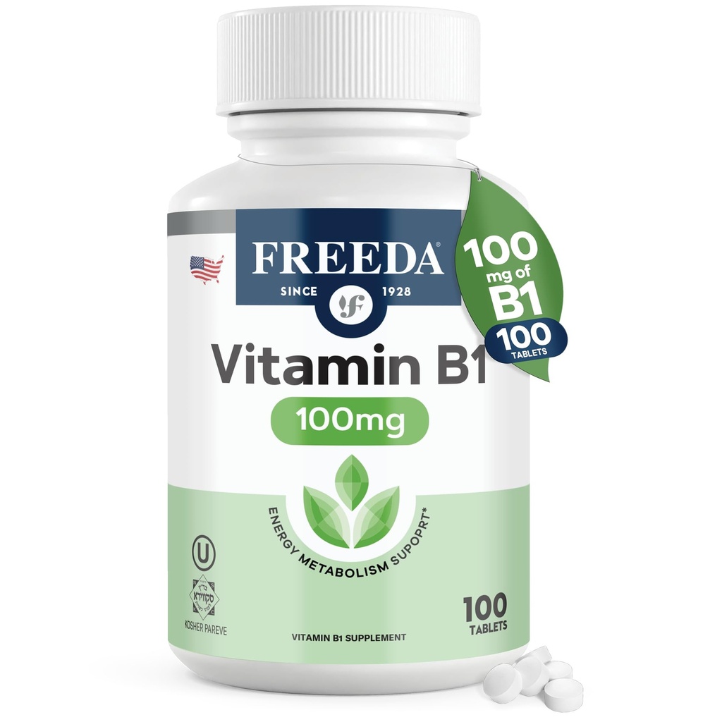 Freeda Vitamina B1 Thiamine 100mg - Suporta Metabolismo Energético, Saúde do Sistema Nervoso - Kosher, Vegan, Gluten Free - Thiamin HCl 100 mg Vitamina B 1 - Pure Vit B1 Vitamina Thiamina B1 Suplemento (100 Ct)