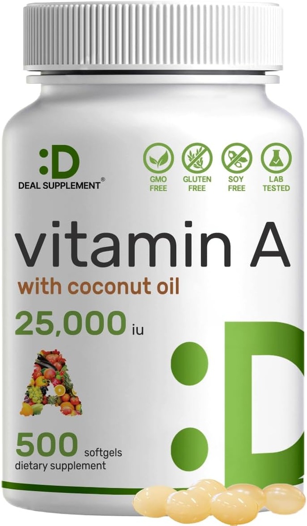 SUPPLEMENT DEAL Alta potência Vitamina A 25000 UI, 500 Óleo de coco Softgels □ Absorvido facilmente, Natural Peixe Fonte de óleo de fígado – Vitaminas para o olho, Imune, & Saúde da Pele – Fácil de engolir, Não-GMO