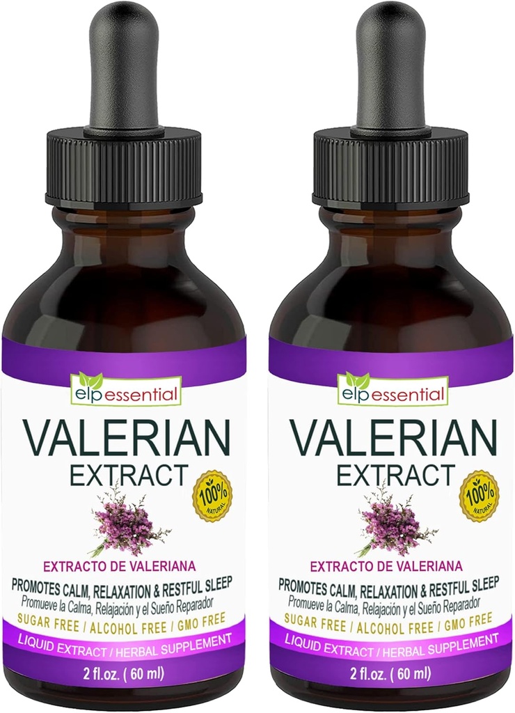 ELP ESSENCIAL Extrato de Raiz Valeriana Drops 2 fl oz Livre de Açúcar, Livre de Álcool, Não-Gluten Liquid 2 Pack