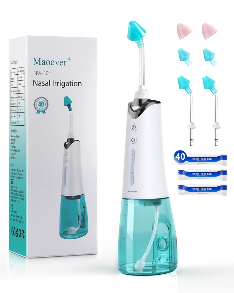 Sistema de irrigação nasal, máquina de lavagem nasal sem fio para alívio do nariz e cuidado nasal, pote elétrico Neti com 6 pontas e 40 pacotes de sal Kit de sistema de irrigação nasal Sinus Ringe para adultos e crianças