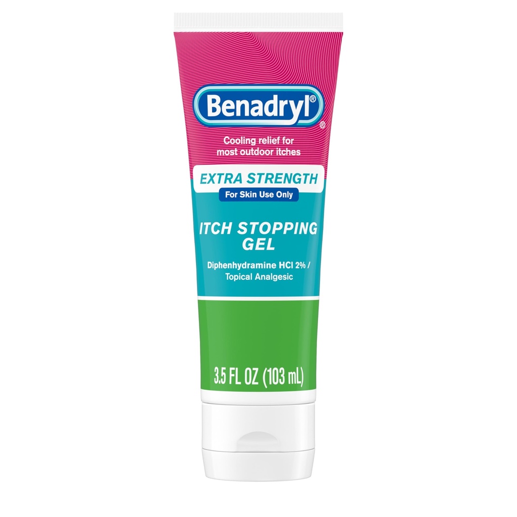 Benadryl Extra Força Anti Itch Relief Gel, 2% Difenidramina HCl, Alívio de Mordidas de Inseto, Queimadura de Sol e Mais, Ótimo para Camping Essenciais, 3,5 fl oz