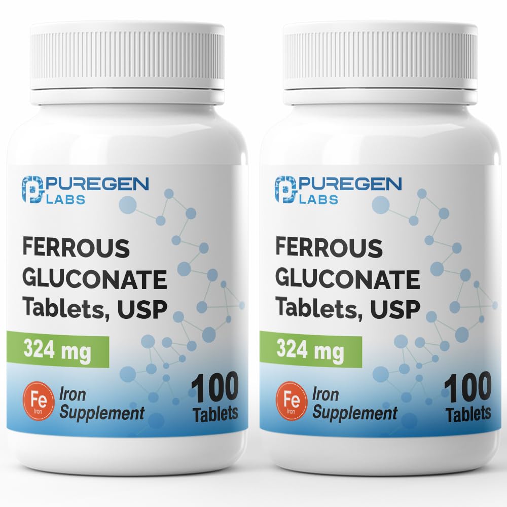 Puregen Labs Gluconato Ferroso 324 mg [Alta Potência] Suplemento de Ferro, Gentil no Estômago 2 Embalagem - 200 Comprimidos Total