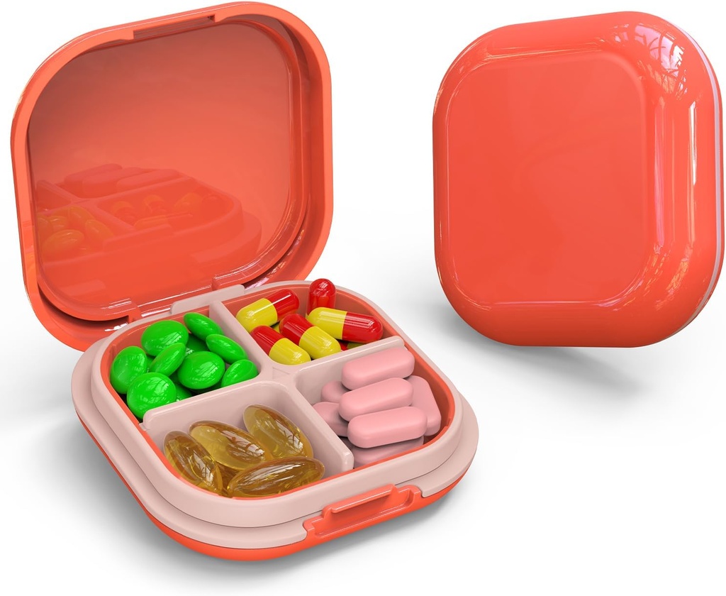Organizador diário de comprimidos 4 Compartimentos, Caixa de comprimidos pequena portátil caso de pílulas de viagem, recipiente de pílulas mini para bolso de bolsa, Medicina de viagem compacta Organizador para vitamina, óleo de fígado de bacalhau, Suplemento (Pink)