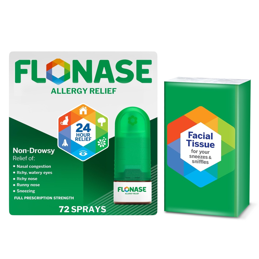 Fluonase Alergia Alívio Pulverização nasal, 24 horas de alívio multi-sintomático não-sonolento - 72 sprays mais pacote de bônus de tecidos