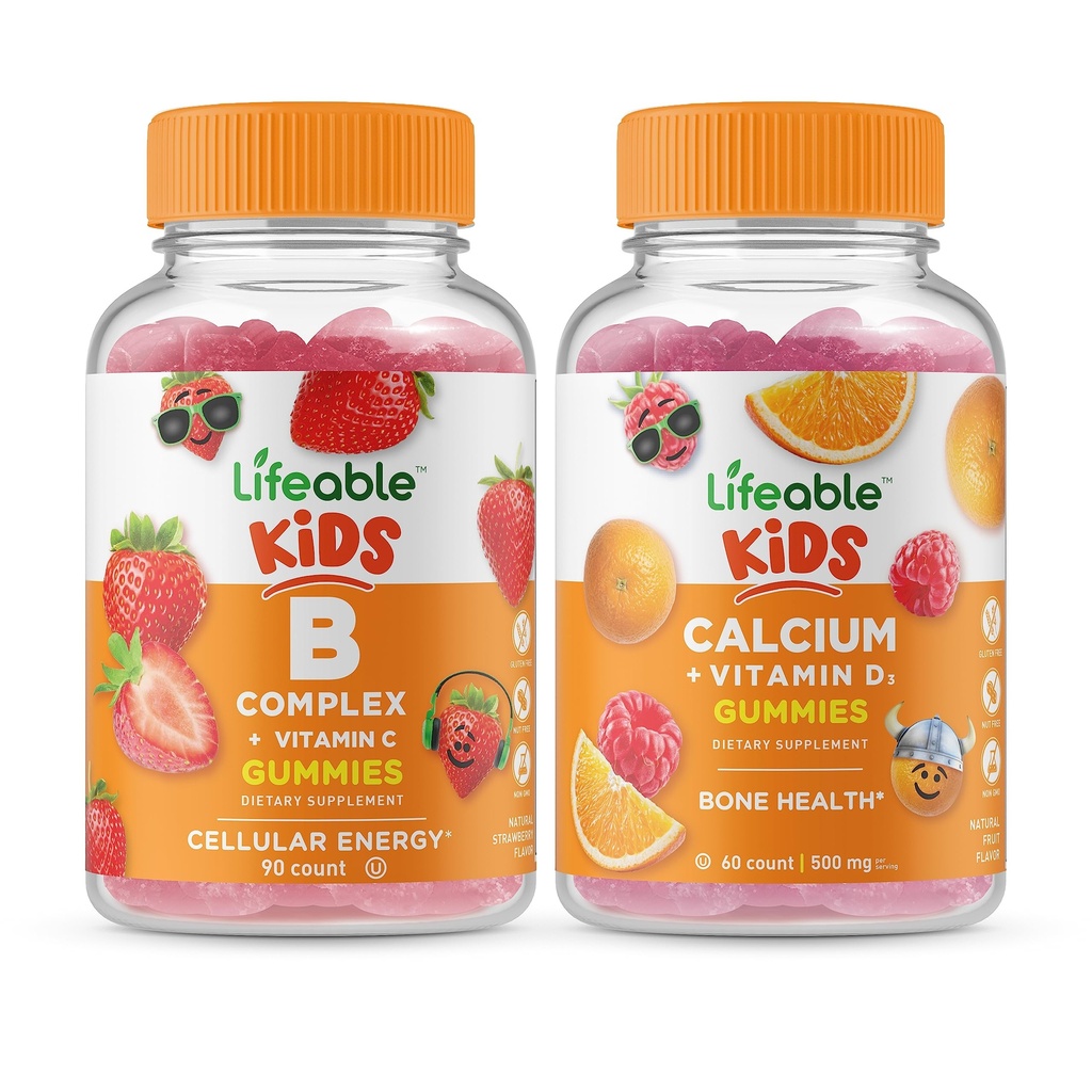 Kids Complexo B Lifeable + Cálcio com Vitamina D Kids, Gummies Bundle - Grande Degustação, Suplemento Vitamina, Gluten Free, GMO Free, chiclete mastigável