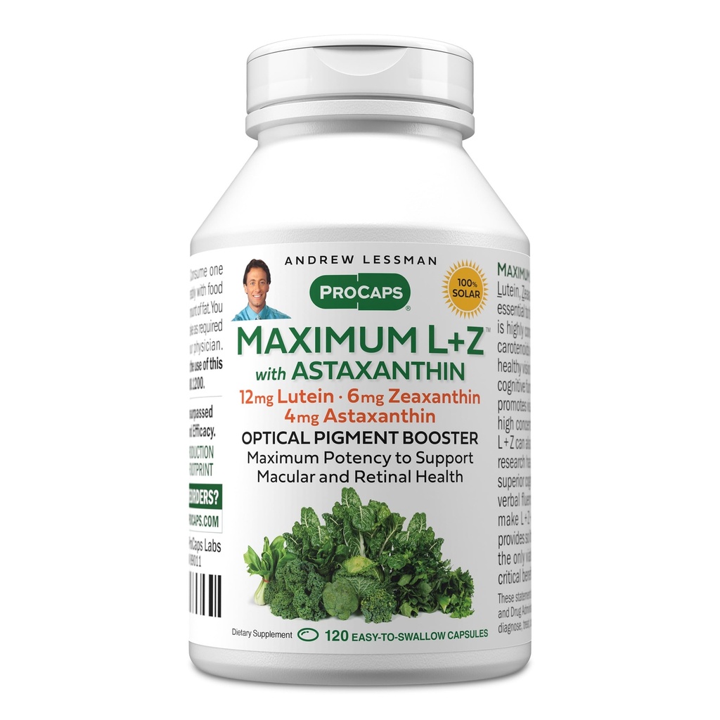 ANDREW LESSMAN Máximo L+Z com Astaxantina 120 Softgels - 12mg Lutein, 6mg Zeaxanthin, 4mg Astaxantina. Nutrientes chave para apoiar a saúde do olho e do cérebro, e promover a visão saudável.