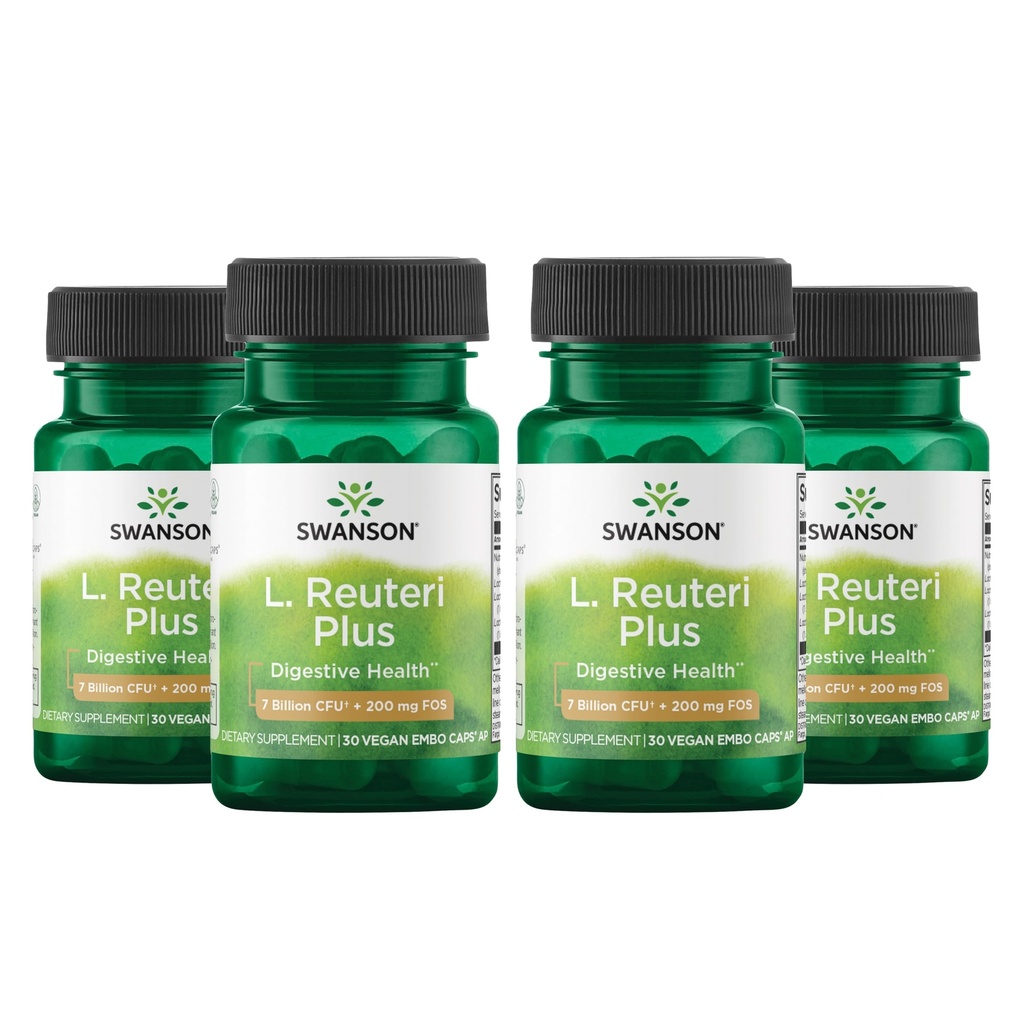 Swanson L. Reuteri Probiotic Plus w/L. Rhamnosus L. Acidophilus & FOS Suporte Digestivo Prebiótico - Promove a Gut Health w/ 7 Bilhões de UFC por cápsula - (30 Cápsulas Veggie) (4 Embalagem)