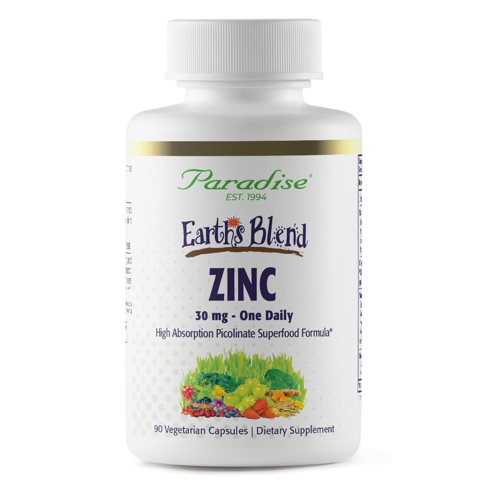 Paradise Herbs Zinco Suplementos com Picolinato e Naturezas C, para apoio imunológico, Super Potente, Ultra Pure, Gluten Free, Não-GMO, Vegan, 30 mg, 90 Cápsulas