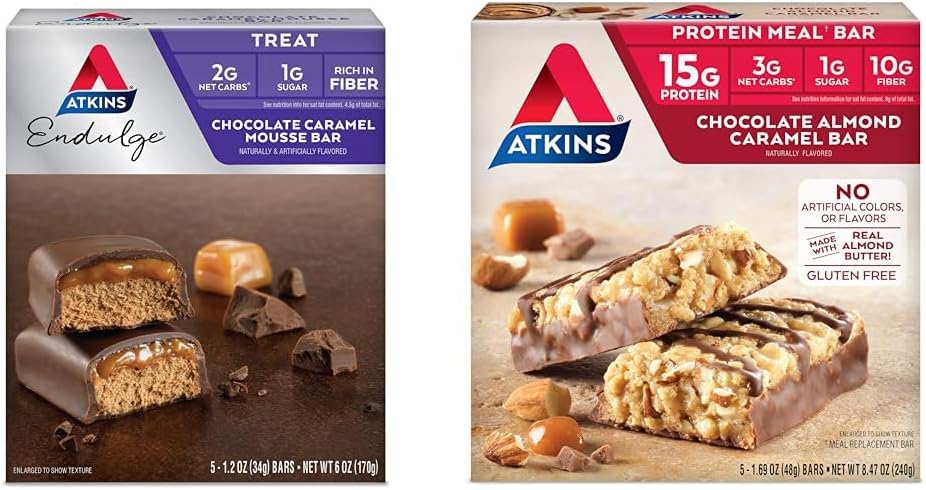 Atkins Endulge Chocolate Barra de Mousse de caramelo, Sobremesa Favorite, 1g de açúcar, Alta em fibra, 5 Count & Chocolate Bar de caramelo de amêndoa, Keto-Friendly, Gluten Free com manteiga de amêndoa real, 5 Count (Pack of 1)