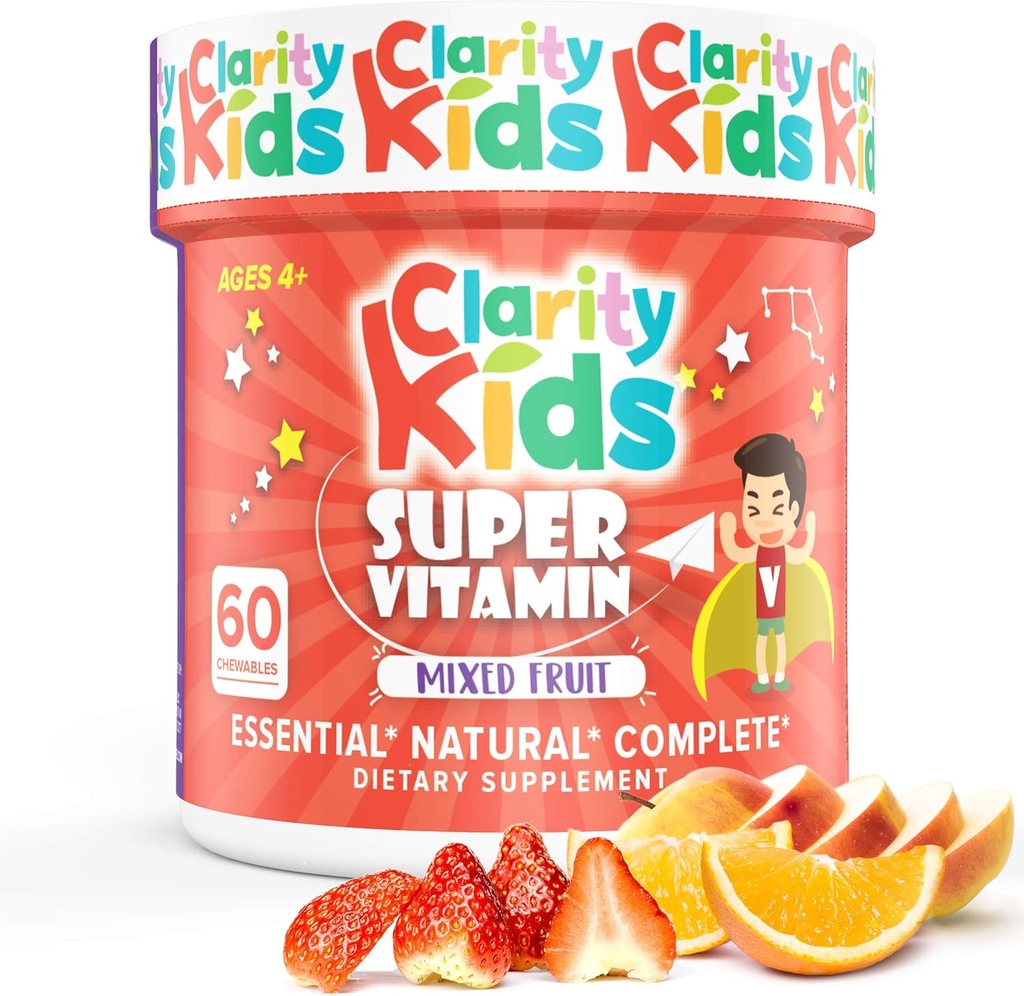 Clarity Kids Super Vitamina Multivitamina para Crianças □ Vitamina C, Vitamina D, & Zinco □ Todos os naturais mastigáveis para crianças Imune Support □ USA Made Supplement □ 60 Peça (30 fornecimento dia)