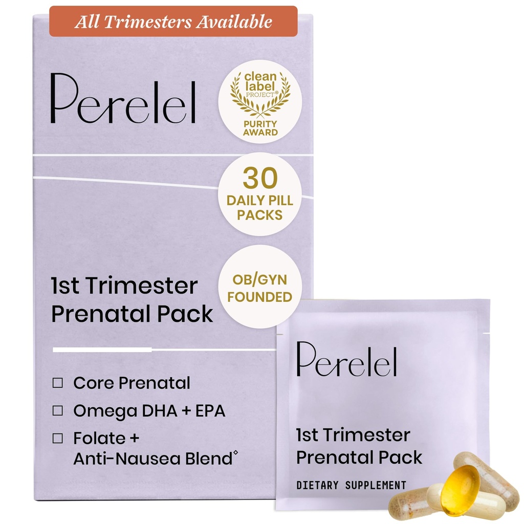 Pacote pré-natal Perelel 1o Trimester, multivitamina com folato, vitamina D, Omega 3, ferro e gengibre, suporte nutricional para gravidez precoce, soja e glúten livre, não OGM, 30 pacotes diários de pílulas
