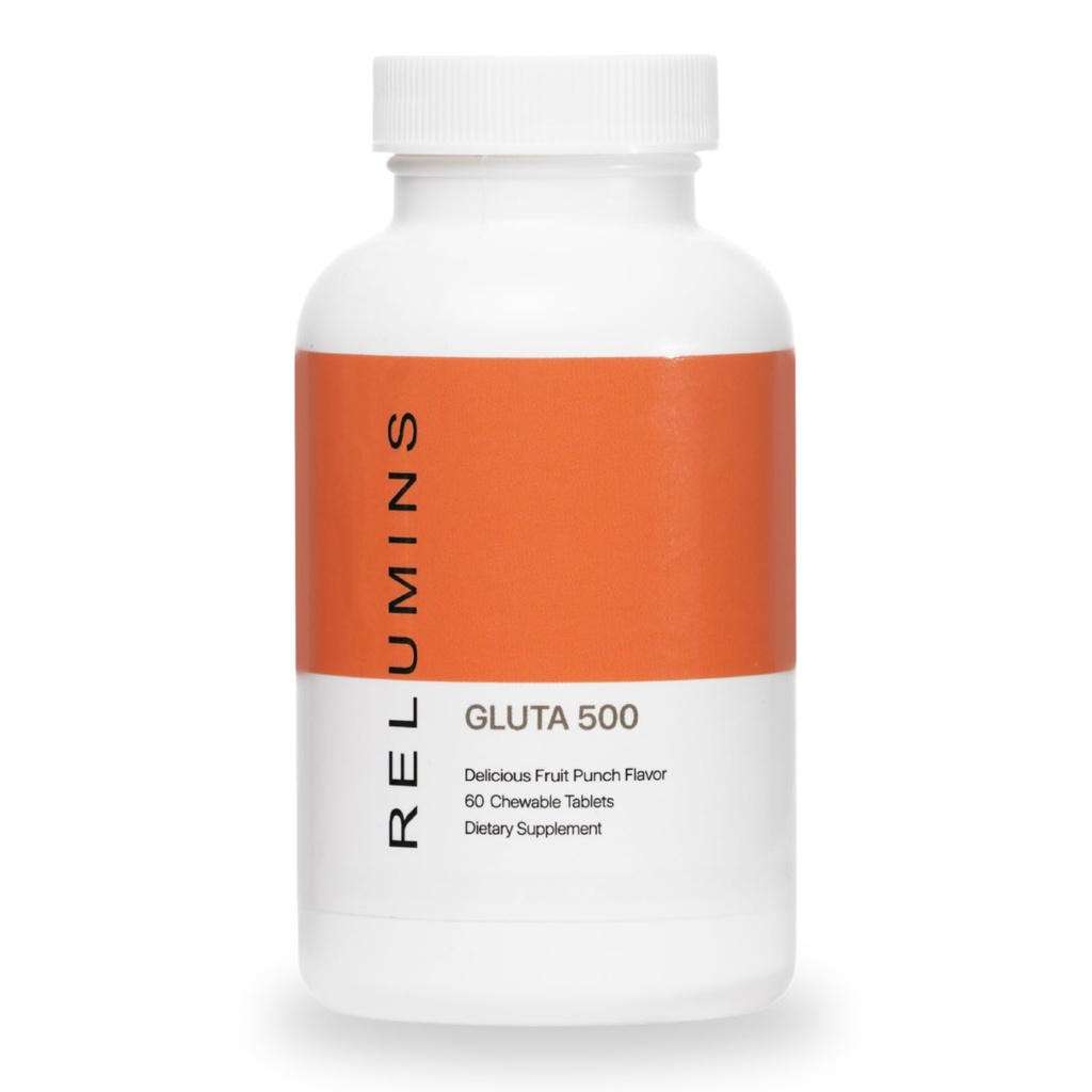 Reluminas Gluta 500 Comprimidos Mastigáveis com Glutationa, Ácido Hialurónico, Vitamina C, Biotina e Colágeno – Suporta Tom de pele e brilho – Fruit Punch Flavor – Made in USA – 60 Comprimidos
