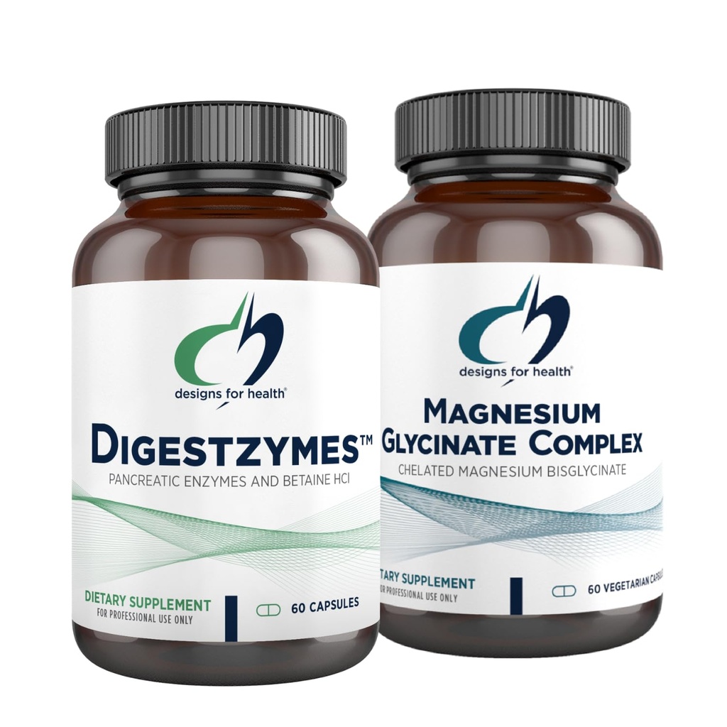 Desenhos para Complexo de Glicenato de Magnésio em Saúde (60 Cápsulas) & Digestzimas (60 Cápsulas) Bundle - Enzimas Digestivas para Gás Ocasional e Bloating com Suplemento de Magnésio de Alta Absorção