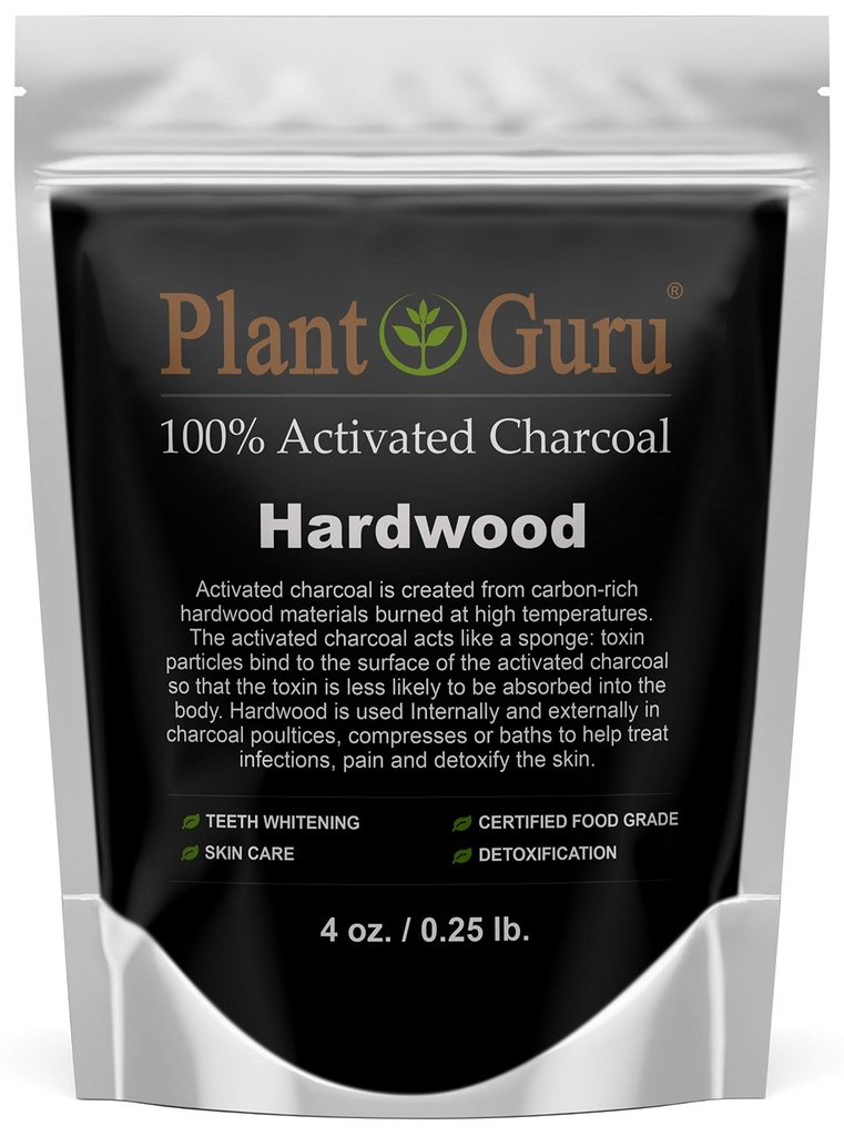 Planta Guru Carvão Ativado Pó 4 onças. HARDWOOD - Não-GMO de qualidade alimentar Kosher - Whitening dentes, Máscara facial e fazer sabão. Promove a desintoxicação natural e ajuda a digestão